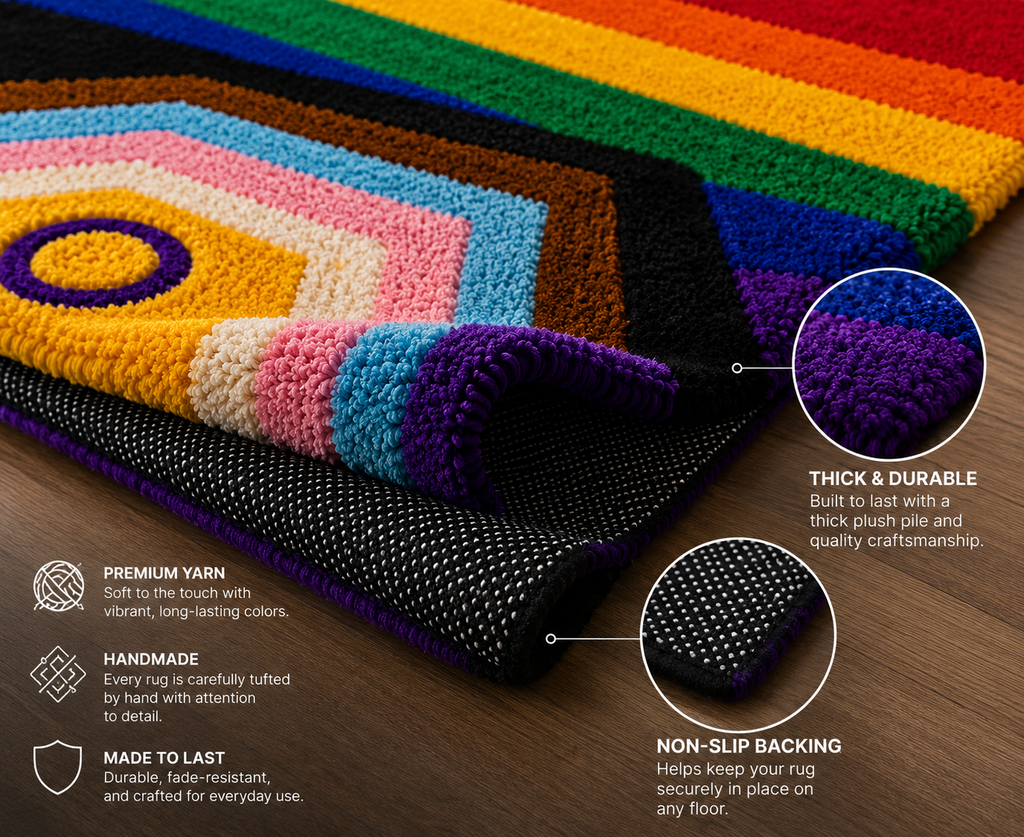 Handmade Progress Pride Flag Rug | LGBTQ+ Tufted Area Rug