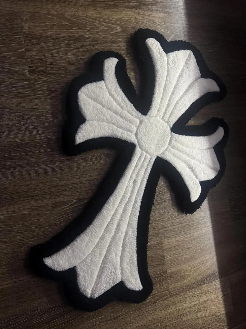 Inspired Cross Hand-Tufted Rug | Luxury Black & White Statement Chrome Hearts Piece