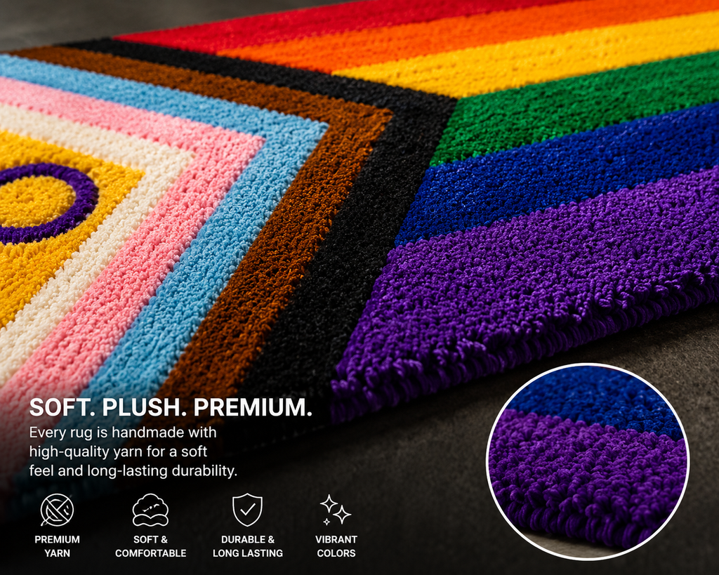 Handmade Progress Pride Flag Rug | LGBTQ+ Tufted Area Rug