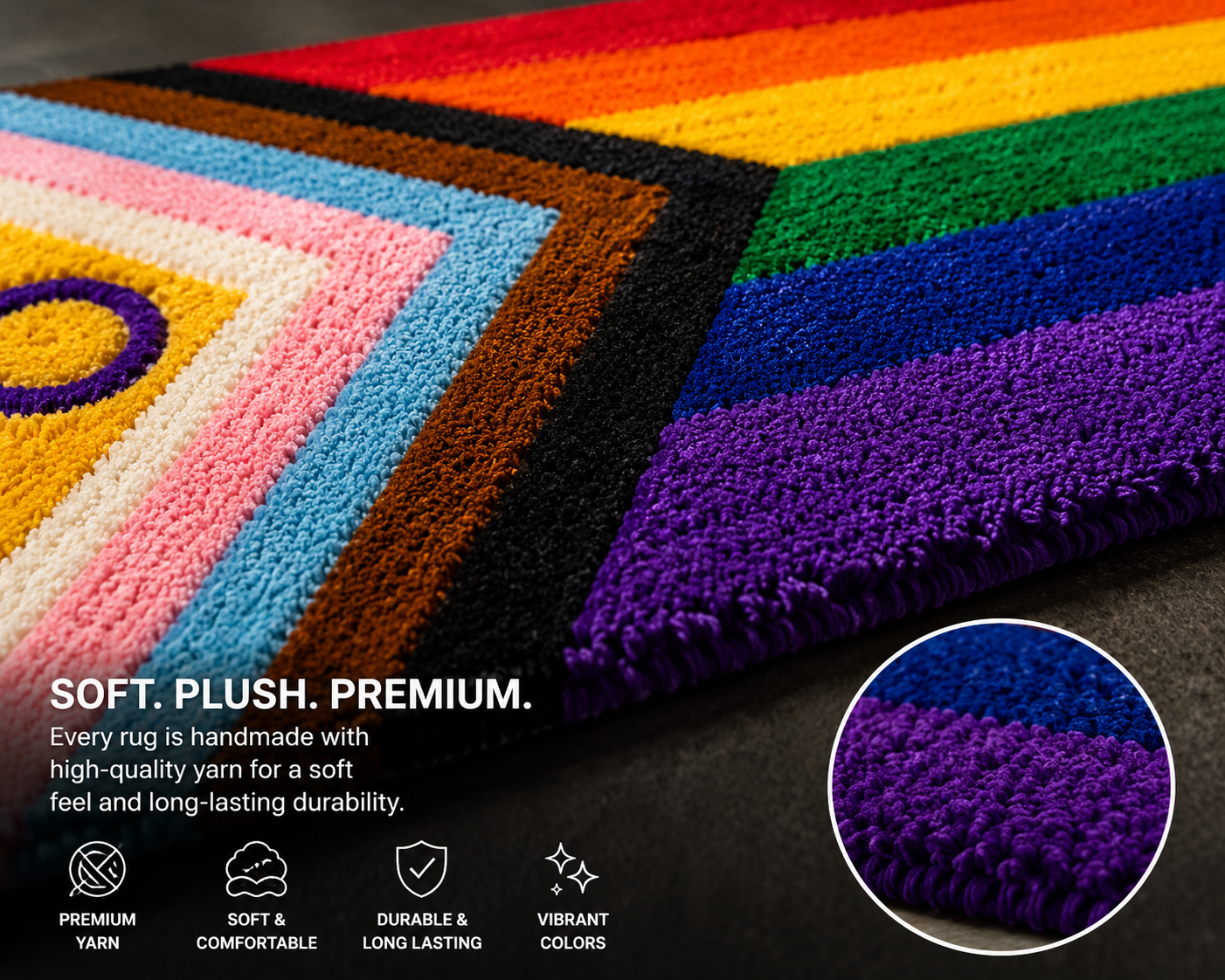 Handmade Progress Pride Flag Rug | LGBTQ+ Tufted Area Rug