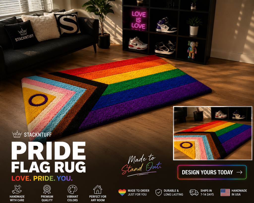 Handmade Progress Pride Flag Rug | LGBTQ+ Tufted Area Rug