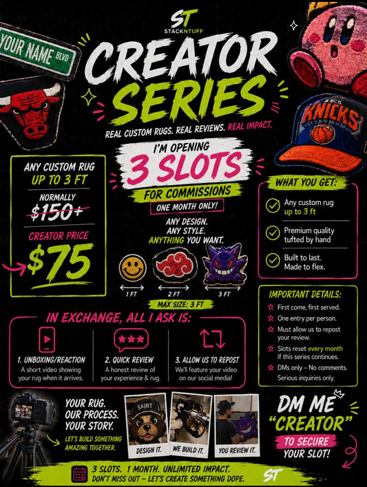 A promotional flyer for 'Stacentury Creator Series' custom rug commissions, featuring a black chalkboard background with colorful cartoon illustrations of various characters and text detailing the commission slots, pricing, and requirements.