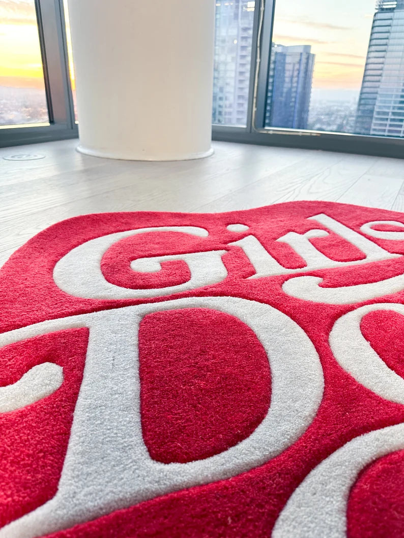 "Girls Don't Cry" Hand-Tufted Heart Rug | Luxury Red & White Accent Piece