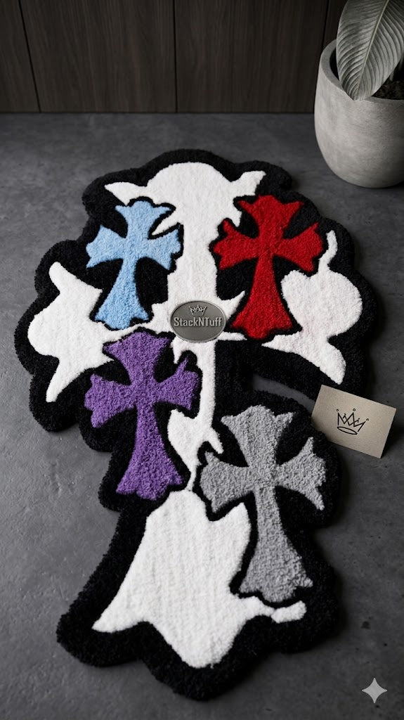 Handmade Cemetery Cross Multi-Color 3D Tufted Rug – Custom Sculpted Luxury Chrome Hearts Inspired Floor Art