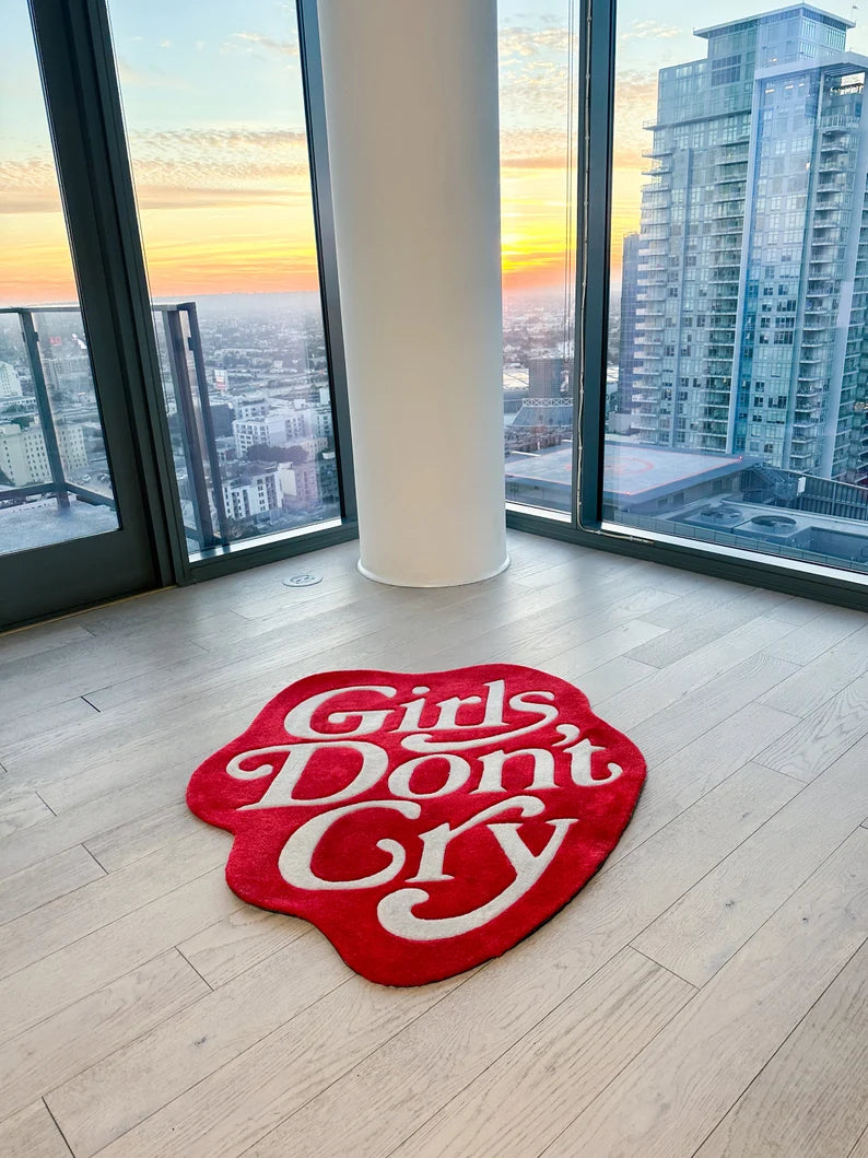 "Girls Don't Cry" Hand-Tufted Heart Rug | Luxury Red & White Accent Piece