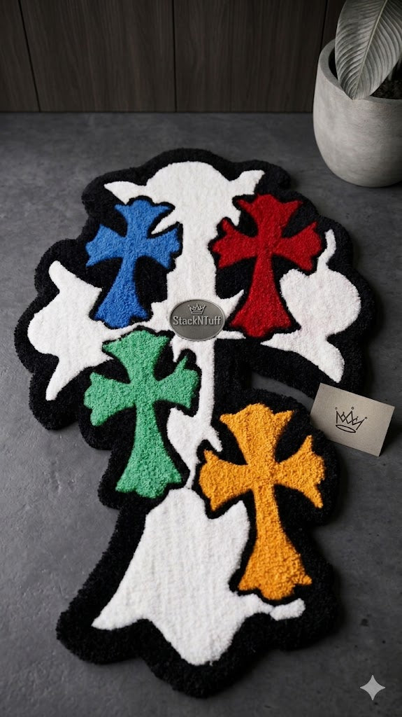 Handmade Cemetery Cross Multi-Color 3D Tufted Rug – Custom Sculpted Luxury Chrome Hearts Inspired Floor Art