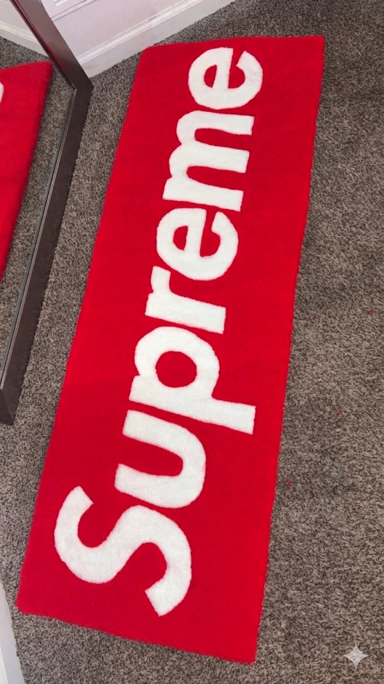 Handmade Streetwear Box Logo Custom Tufted Rug – 3D Textured Supreme Inspired Plush Runner
