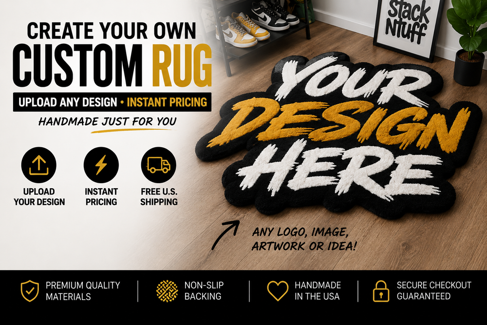 Customizable custom rug promotional graphic showing a large black rug mockup with bold yellow and white placeholder text on a wood floor. The left side includes marketing text, icons for upload, instant pricing, free shipping, and other features, and a black footer bar with quality and shipping claims.