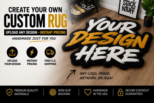Customizable custom rug promotional graphic showing a large black rug mockup with bold yellow and white placeholder text on a wood floor. The left side includes marketing text, icons for upload, instant pricing, free shipping, and other features, and a black footer bar with quality and shipping claims.